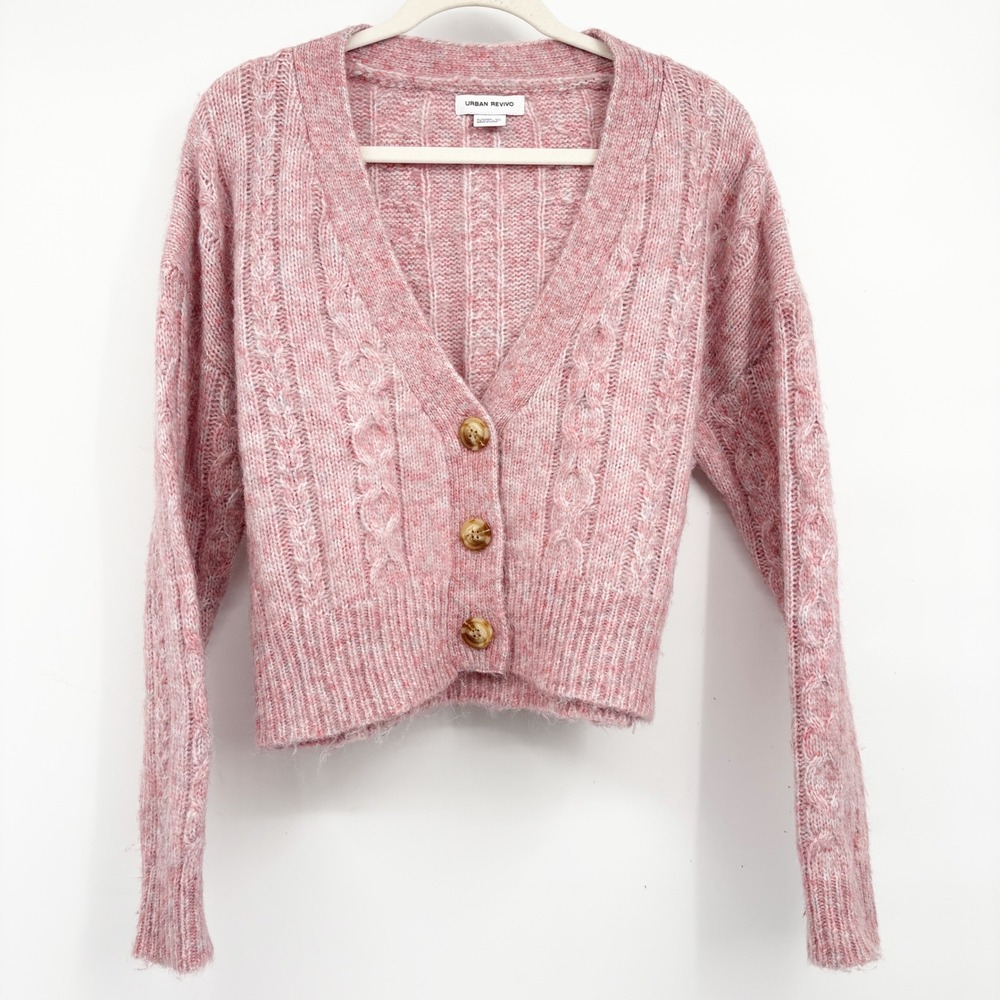Urban Revivo Women Pink Cable Knit Coquette Cropped Fisherman Cardigan Sweater 6